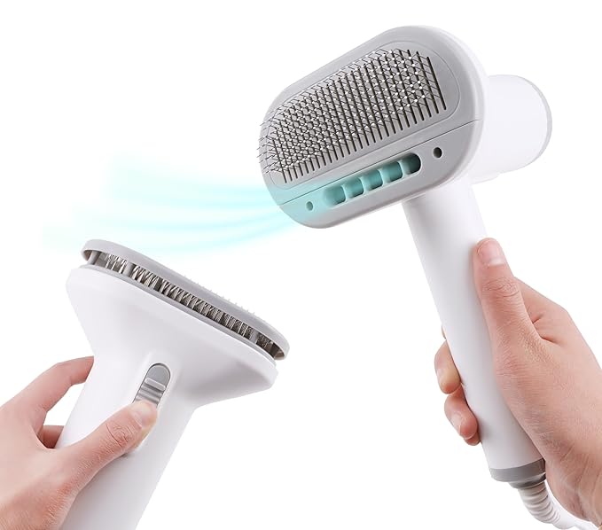 2-in-1 Dog Hair Dryer and Brush - Low Noise Operation, Overheating Protection, 3 Temperature & Airflow Settings, Self-Cleaning Button - Ideal Dog Brush for Short Haired Dogs (White Grey)