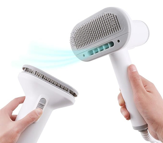 2-in-1 Dog Hair Dryer and Brush - Low Noise Operation, Overheating Protection, 3 Temperature & Airflow Settings, Self-Cleaning Button - Ideal Dog Brush for Short Haired Dogs (White Grey)