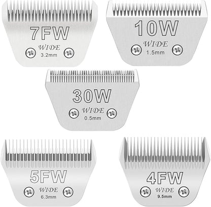 5PCS Wide Blades for Dog Grooming Blades Compatible with Andis,Oster A5,Wahl km10 Dog Clippers,Detachable Stainless Steel Dog Clipper Blades,Size:10W+30W+4FW+5FW+7FW