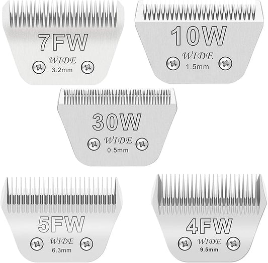 5PCS Wide Blades for Dog Grooming Blades Compatible with Andis,Oster A5,Wahl km10 Dog Clippers,Detachable Stainless Steel Dog Clipper Blades,Size:10W+30W+4FW+5FW+7FW