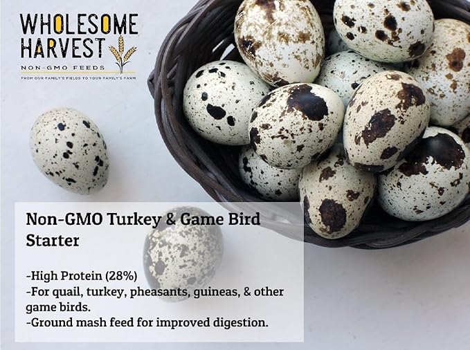 Non-GMO Turkey & Game Bird Starter Feed  40 lb, 28% Protein, Omega-3, Calcium, Probiotics, Prebiotics & Herbs  Complete Nutrition and Quality Game Bird Feed