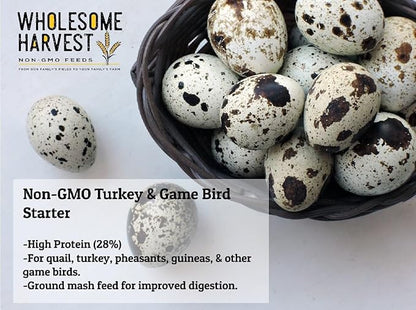 Non-GMO Turkey & Game Bird Starter Feed  40 lb, 28% Protein, Omega-3, Calcium, Probiotics, Prebiotics & Herbs  Complete Nutrition and Quality Game Bird Feed