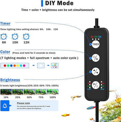 AQQA LED Aquarium Light, 24/7 Mode Clip on Fish Tank Light with Memory Function, DIY Mode Full Spectrum Aquarium Plant Light, Adjustable Timer/Brightness, IP68 Waterproof for 24-32 Inch Fish Tank 26W
