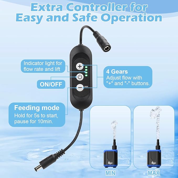 AQQA DC Aquarium Water Pump with Controller,4 Flow Adjustable,Feed Mode,IP68 Submersible Quiet Fish Tank Pump,3 Nozzles for Pond Fountain Statuary Hydroponics Freshwater Saltwater 10W 110V-240V