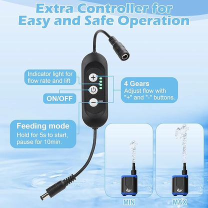 AQQA DC Aquarium Water Pump with Controller,4 Flow Adjustable,Feed Mode,IP68 Submersible Quiet Fish Tank Pump,3 Nozzles for Pond Fountain Statuary Hydroponics Freshwater Saltwater 10W 110V-240V