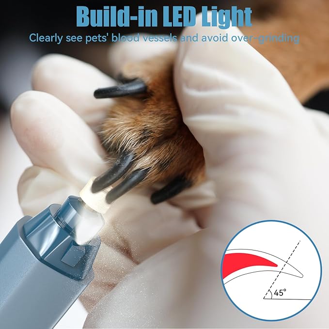 Dog Nail Grinder, Dog Nail Trimmers and Clippers Kit, 5 Speeds Nail Grinder for Dogs, Rechargeable Dog Nail Grinder with LED Light, Nail Grinder for Dogs Quiet, Nail Trimmer Nail Grinder for Dogs Cats