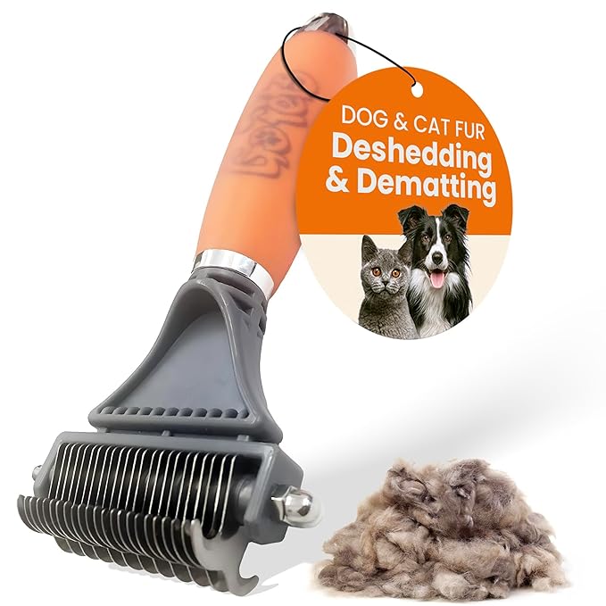 GoPets 2-Sided Dematting & Deshedding Comb for Dogs & Cats, Versatile Undercoat Detangler Brush for Shedding, Matted Hair & Fur Remover Tool, Stress-Free Pet Grooming Rake with Ergonomic Handle