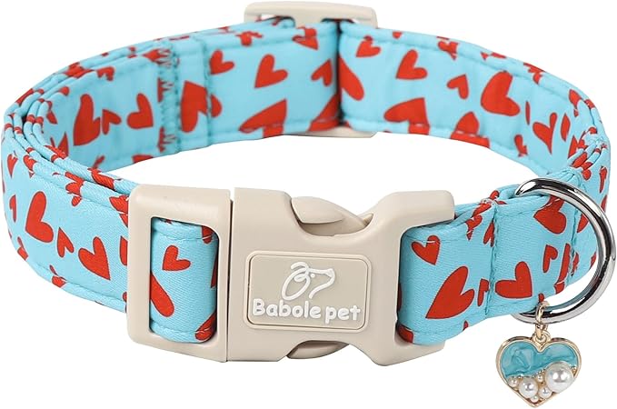 Valentine's Day Dog Collar - Cute Blue Valentines Dog Collar Girl Boy Durable Adjustable Red Heart Pattern Charm Dog Collars for Small Medium Large Dogs M