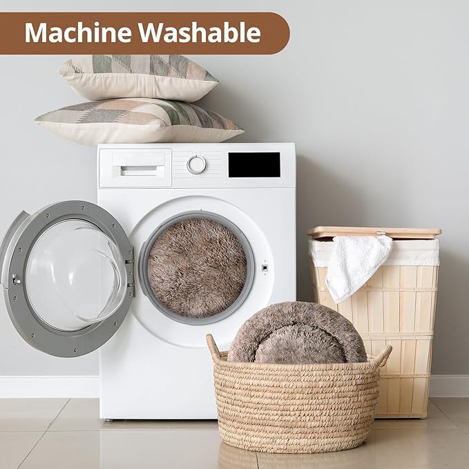 JOLLYVOGUE Dog Bed Cat Bed, Anti-Anxiety Small Dog Bed, Calming Donut Dog Bed for Puppy, Cozy Cat Bed, Fluffy Dog Beds for Small Dogs, Washable Round Puppy Bed for Indoor Pets (20"/Smoke Brown