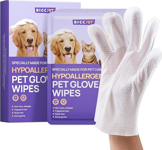HICC PET Cleaning Deodorizing Bathing Wipes for Dogs & Cats, Hypoallergenic Dog Cleaning Glove Wipes, Nourishing & Grooming Fur, Cat Cleaning Wipes Remove Odor