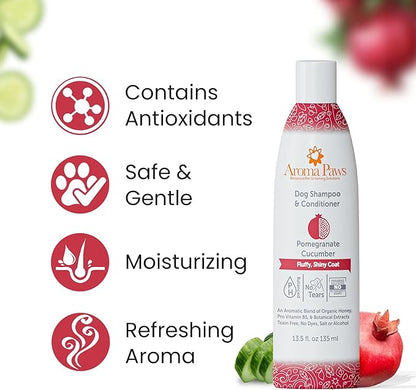 Dog Shampoo and Conditioner - Aromatic Tearless Shampoo for Cleansing, Grooming, and Conditioning - Moisturizing Anti Itch Shampoo for Dogs and Puppies - Pomegranate Cucumber 13.5 oz