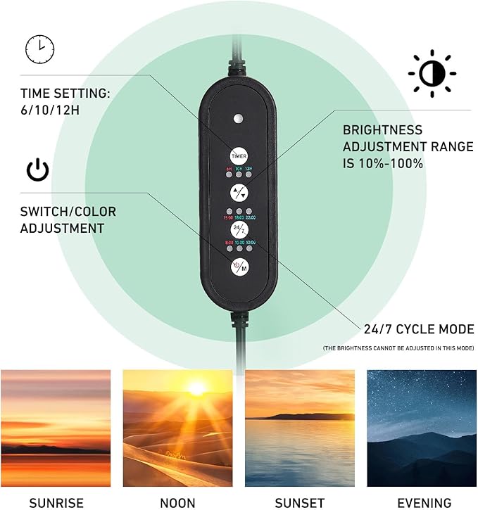 18W 24/7 LED Aquarium Light with Auto On/Off – 8 Color Modes, Full Spectrum, Simulates Sunrise & Sunset, Adjustable Brightness, Clip-On Mount Fits up to 0.75in Glass for 12–24in Fish Tanks