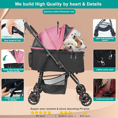 MILA&LOUIS Dog Stroller for Medium Dogs, Lightweigh Pet Stroller for Small Dogs, 4 Upgraded Wheels, Dog Strollers with Cup Holder, Hook, Puppy Stroller with Detachble Spacious Cradle for Multiple Pets