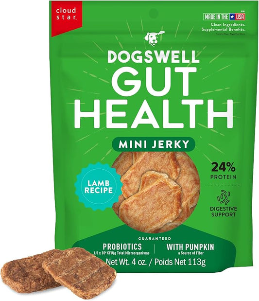 DOGSWELL Gut Health Mini Jerky Functional Dog Treats, Lamb 4 oz. Bag
