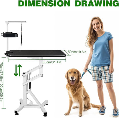 31" Dog Grooming Table, Pneumatic Lift Adjustable Small Pet Trimming Station for Home with Anti-Skid Rubber and Rotatable Desktop ï¼_p to 50lbsï¼