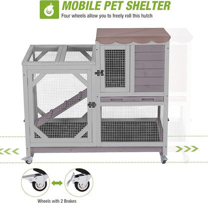GUTINNEEN Rabbit Hutch Indoor Rabbit Cage with Wheels Outdoor Bunny House 2 Story Guinea Pig Cage with Leakproof Tarp Roof (Grey)