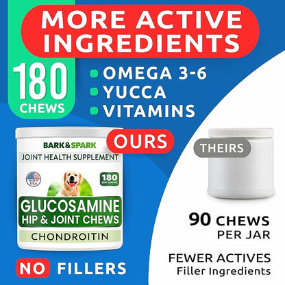 BARK&SPARK Glucosamine Chondroitin Dog Hip & Joint Supplement - Joint Pain Relief - Hip & Joint Chews - Joint Support Large Small Breed - Senior Doggie Vitamin Pill Joint Health (180 Treats - Bacon)