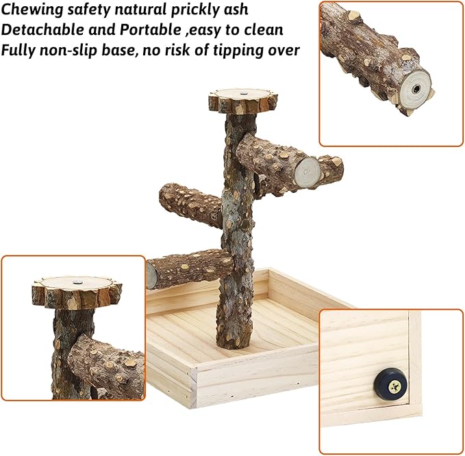 BNOSDM Portable Bird Perch Stand with Potty Tray, Natural Wood Tabletop Training Gym Parrot Playground Toy for Budgies, Cockatiels, Lovebirds,Conures Canaries