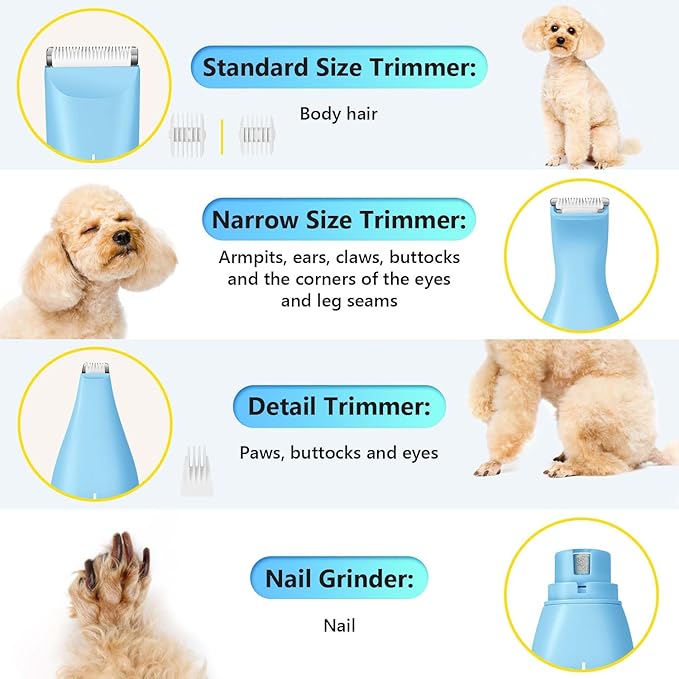 SUPRENT Dog Grooming Kit, 4 in 1 Quiet Pet Clippers for Grooming Supplies, Cordless Cat Paw Trimmer Dog Nail Grinder, Professional Long Hair Shaver Set for Cat Matted Hair and Small Dogs Blue