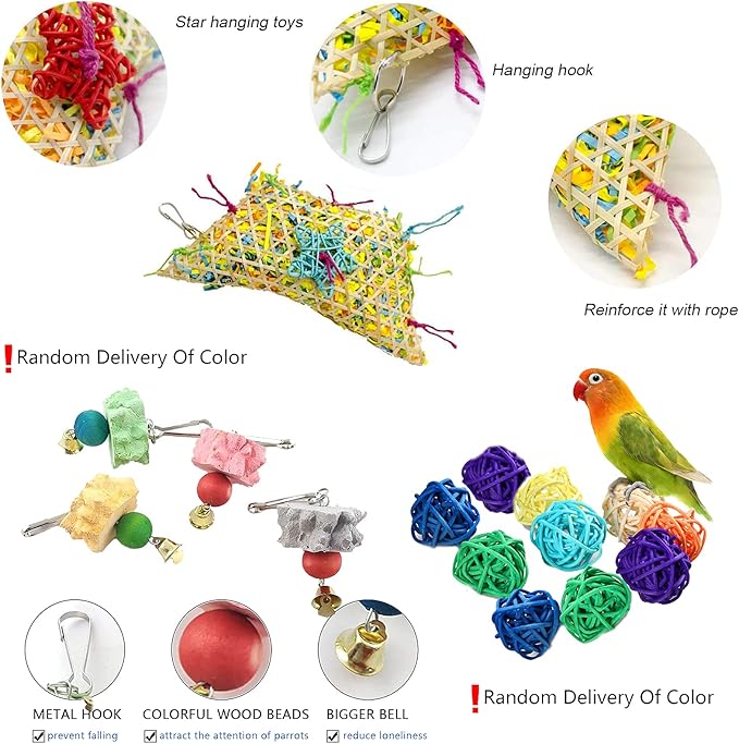 Bird Foraging Wall Toys Parrot Seagrass Mat Activity Climbing Net ladder 29.5''X7.1''&11.8''x11.8'' Hanging Hammock Cage Chew Toys with Ball Toys for Parakeet Cockatiel Conure Cockatoo Budgie Lovebird