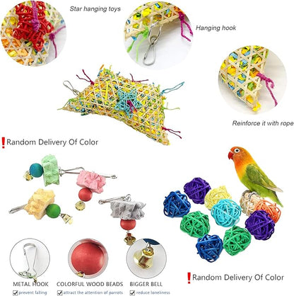 Bird Foraging Wall Toys Parrot Seagrass Mat Activity Climbing Net ladder 29.5''X7.1''&11.8''x11.8'' Hanging Hammock Cage Chew Toys with Ball Toys for Parakeet Cockatiel Conure Cockatoo Budgie Lovebird