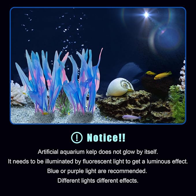 Kaiyuan Dynasty 2pc Silicone Aquarium Plants Artificial Plants for Fish Tank Glowing Kelp Aquarium Plant Decor Fish Tank Plants Simulation Artificial Water Grass,7inch,Blue