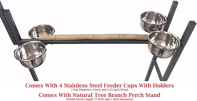 65.5 Inch X-Large Parrot Natural Perch Stand Bird Play Ground Training with Strong Climbing Play Ladder Stainless Feeding Bowls Toy Hook Removable Washable Tray Lockable Rolling Wheels