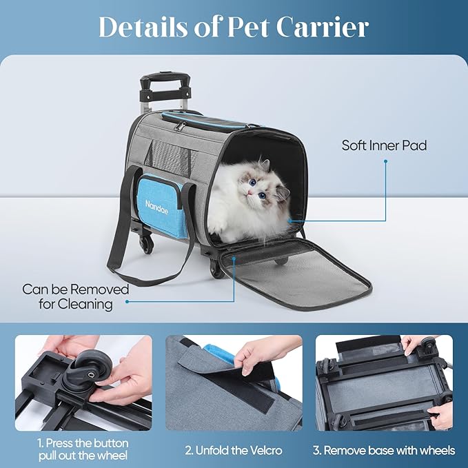 Cat Carrier with Wheels, Foldable, Airline Approved Pet Carrier for Dogs Cats Carrier Under 20 lbs, Soft Rolling Pet Carrier Travel Bag with Tie Rod for Hiking/Camping/Veterinary Visits