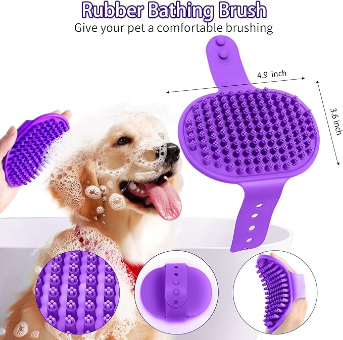 Dog Brush for Shedding, Self-Cleaning Slicker, 4 PCS Kit with Bath Brush, Flea & Steel Combs, Ideal for Short & Long Haired Pets, Removes Mats, Tangles, Fur, Gentle on Skin. Purple