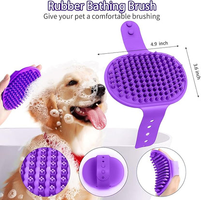 Dog Brush for Shedding, Self-Cleaning Slicker, 4 PCS Kit with Bath Brush, Flea & Steel Combs, Ideal for Short & Long Haired Pets, Removes Mats, Tangles, Fur, Gentle on Skin. Purple