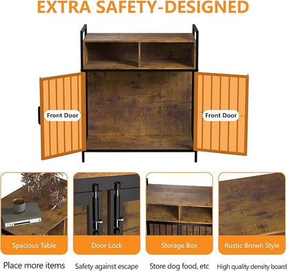 aboxoo 40/32 Inches Furniture-Style Cages,Large Medium Dog Kennels Indoor,Wood Dog Crate Table with Drawers Storage(Rustic Brown)