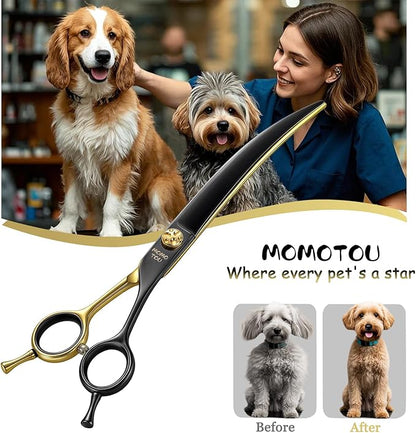 7.5'' Professional Curved Dog Grooming Scissors with Decorative Screw Sharp and Durable Black and Golden 440C Stainless Steel Dog Shears Easy Use for Groomers and Home User