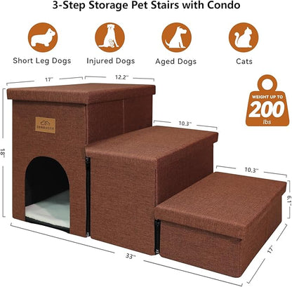 Dog Stairs with Storage 17.5" H, Dog Steps for High Beds, Folding Pet Stairs for Small Medium or Large Dogs Puppy for Bed and Couch, Dog Ramp for Car Hold Up to 200 lbs (Brown, 3 Steps with Condo)