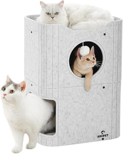Cat House for Indoor Cats Large Cat Bed Cave 2-Storey Cats Condo with Cozy Felt Covered Hideaway for Multiple Pets Light Grey