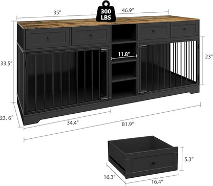 82 Double Dog Crate Furniture, Large Dog Kennel Indoor for 2 Dogs, Heavy Duty Wooden Dog Crate TV Stand with 4 Drawers and Shelves, Black