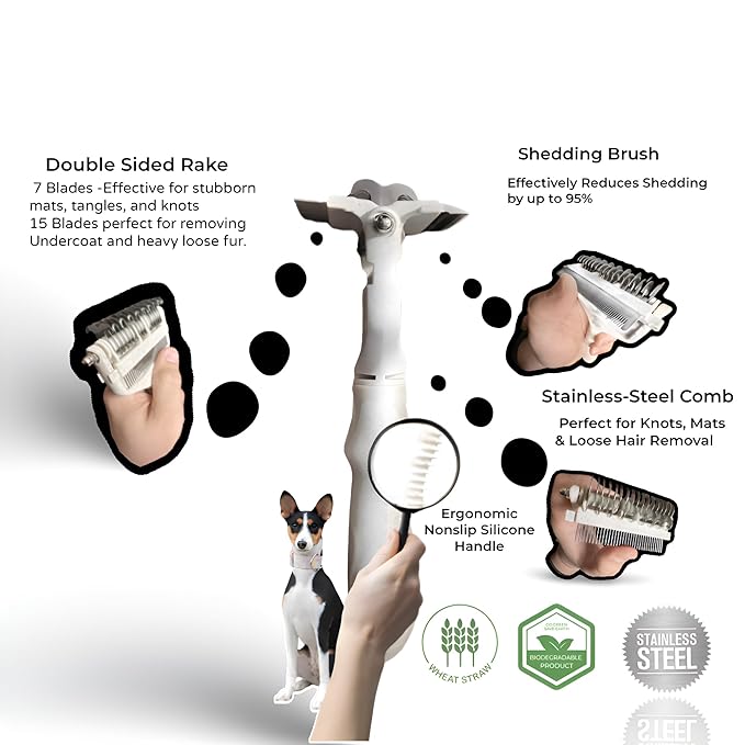 3 in 1 biodegradable Dog and Cat grooming tool for shedding and dematting easy to use and clean, Beige