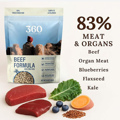360 Pet Nutrition Freeze-Dried Raw Dog Food – Beef Recipe with Liver & Organs, High Protein with Omega-3s, Fruits, Veggies & Superfoods, Grain-Free, No Fillers, 3 lb – Made in USA