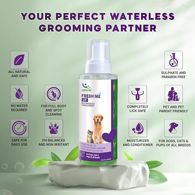 Natural Remedies Fresh Me Up Waterless Mild Foam Cleanser for Dogs and Cats - Dry Shampoo - Grooming Bath Supplies- Pet Deodorizer, Lick Safe, Hypoallergenic & Sulphate Free, All Breeds, 15.21 fl. oz.
