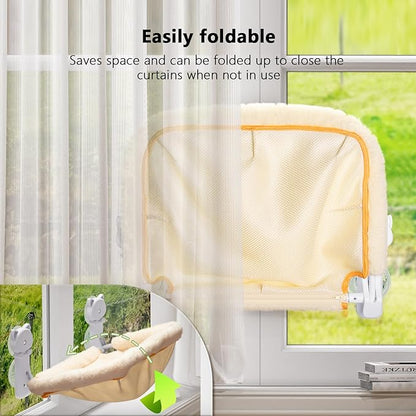 Cat Window Perch Cordless, Foldable & Stable Cat Beds- Breathable Cat Window Hammock for Overlooking, Sunbathing and Climbing - Maximum Hold Up to 40lb(Cream)