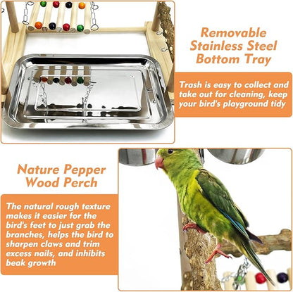 kathson Parrot Play Stand Parakeet Playground Bird Jungle Gym Wood Conure Playstand Hanging Chewing Toys with Feeder Cups and Swings Bird Cage Accessories for Cockatiel Lovebirds Budgie