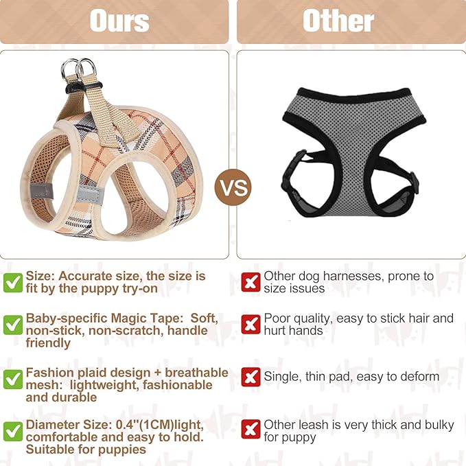 BEAUTYZOO Small Dog Harness and Leash Set,Step in No Chock No Pull Soft Mesh Dog Harnesses Reflective for Extra-Small/Small Medium Puppy Dogs and Cats, Plaid Dog Vest Harness for XS S Pets, Beige XL