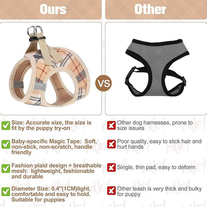 BEAUTYZOO Small Dog Harness and Leash Set,Step in No Chock No Pull Soft Mesh Dog Harnesses Reflective for Extra-Small/Small Medium Puppy Dogs and Cats, Plaid Dog Vest Harness for XS S Pets, Beige L