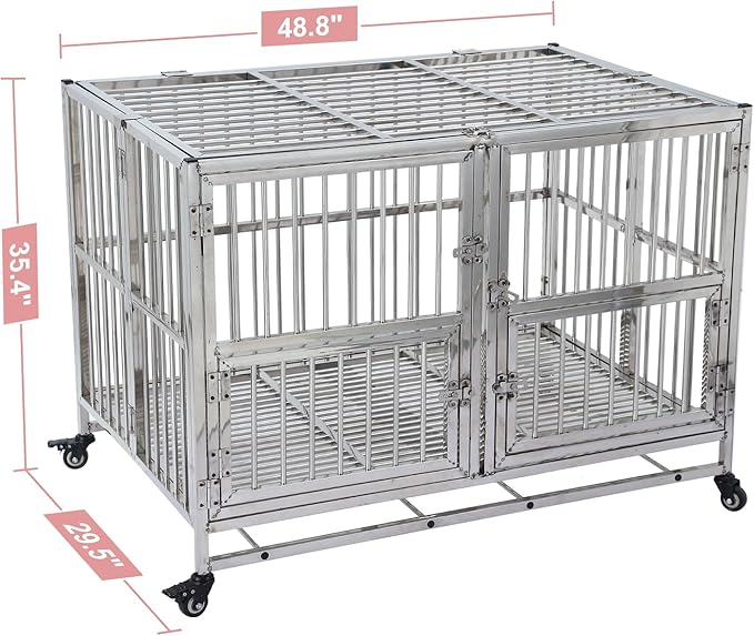 48-in Heavy Duty Dog Crate Cage Kennel with Wheels, Full Stainless Steel High Anxiety Indestructible Dog Crate, Sturdy Locks Design, Double Door Small Door Design & Removable Tray Design Silver