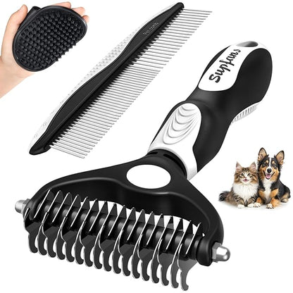 3PCS Premium Dog Grooming Kit - I Deshedding Brush & Metal Comb for Dogs & Cats (White Black)