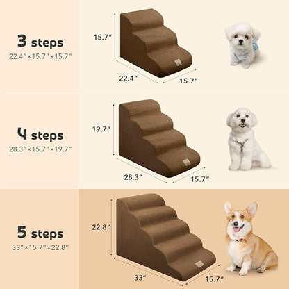Mestuel Dog Stairs for High Bed 22.8'' H, 5 Steps Dogs Stairs for Bed, Pet Stairs for Small Large Dogs to Couch, Pet Ladder with High Density Foam, Non-Slip Balanced Dog Ramp, Brown