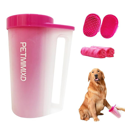 Dog Paw Cleaner with Handle, 2 Absorbent Towels & 2 Adjustable Bath Brushes for Short and Long Hair Pets - Muddy Foot Washer, Pink, Large