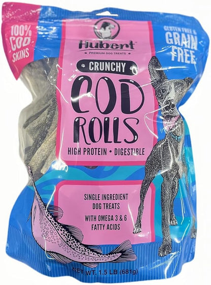 Hubert Pet Premium Cod Skin Rolls - Single Ingredient Natural Dog Treats for All Breeds, No Artificial Additives - 1.5 lbs Bag
