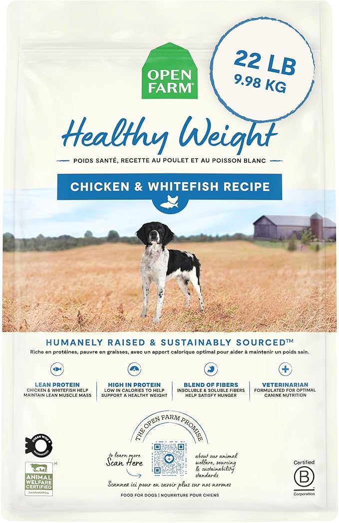 Open Farm, Healthy Weight Dog Food, Veterinarian Formulated High-Protein & Low-Calorie Dry Dog Food for Weight Management, Supports Metabolism & Mobility, Chicken & Whitefish Recipe, 22lb Bag