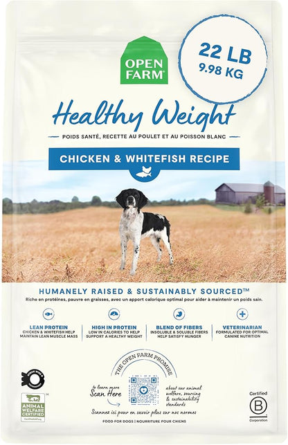 Open Farm, Healthy Weight Dog Food, Veterinarian Formulated High-Protein & Low-Calorie Dry Dog Food for Weight Management, Supports Metabolism & Mobility, Chicken & Whitefish Recipe, 22lb Bag