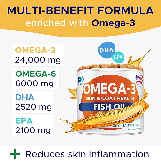 Omega 3 Fish Oil for Dogs (180Ct) - Skin&Coat Chews - Dry & Itchy Skin Relief + Allergy Support - Shiny Coat - EPA&DHA Fatty Acids - Salmon Oil Chews Promotes Heart - Peanut